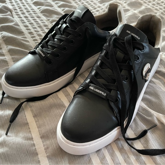 Karl Lagerfeld Paris Head Black Real Leather Sneakers Shoes Men